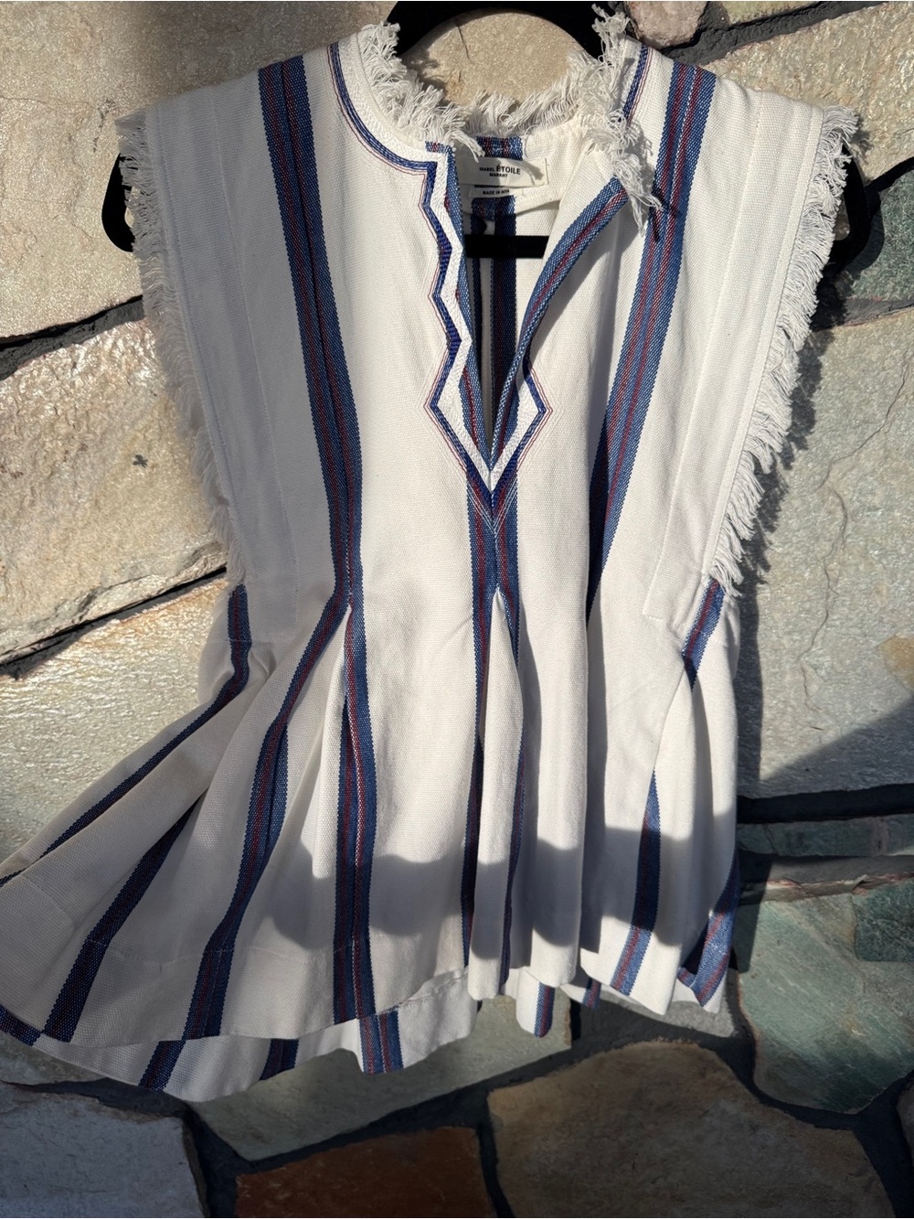 Isabel Marant Sleeveless Striped Tunic Top - White with Blue & Red Stripes